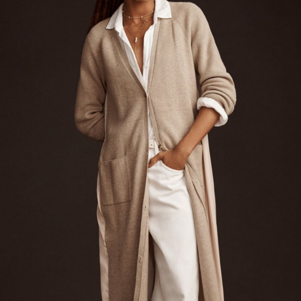 Anthropologie Long Twofer Tan Cream Longline Duster Cardigan Sweater